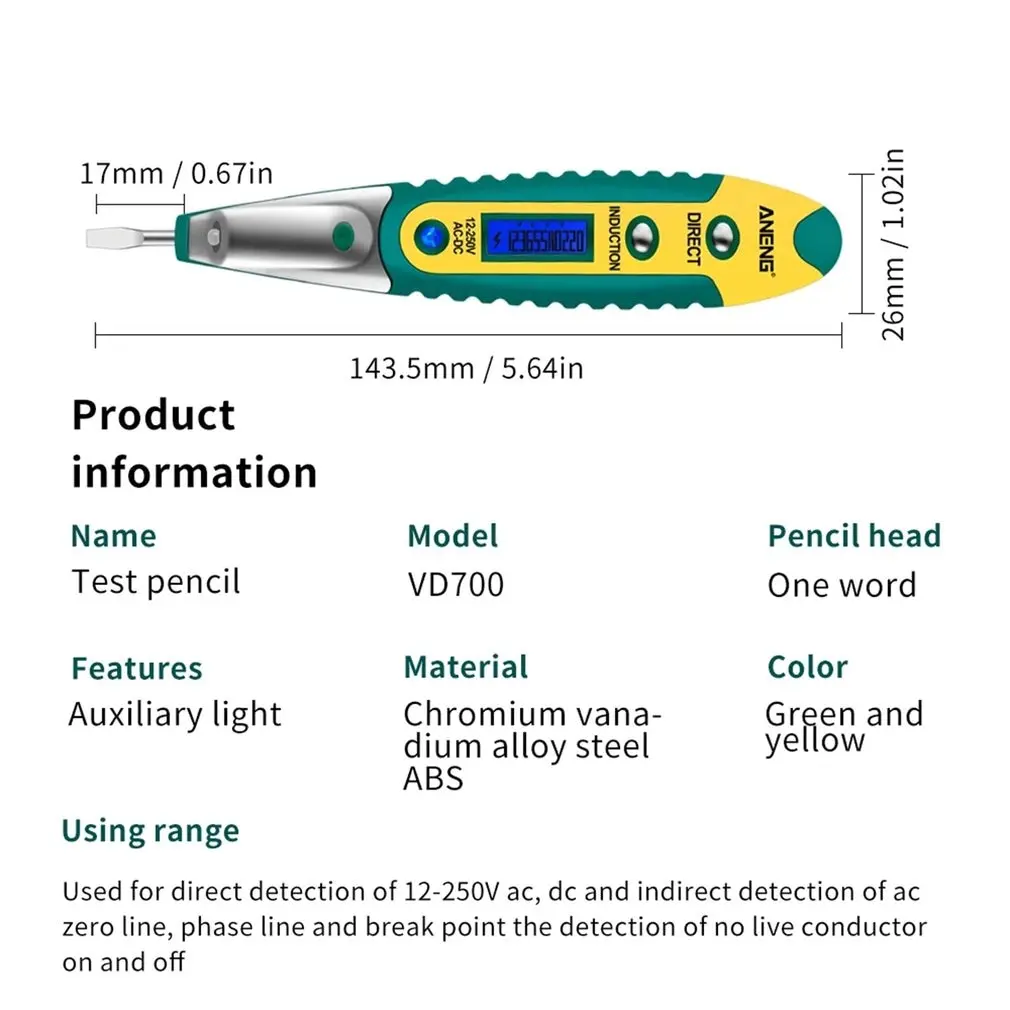 

Digital Test Pencil Tester Electrical Voltage Detector Pen LCD Display Screwdriver AC/DC 12-250V for Electrician Tools