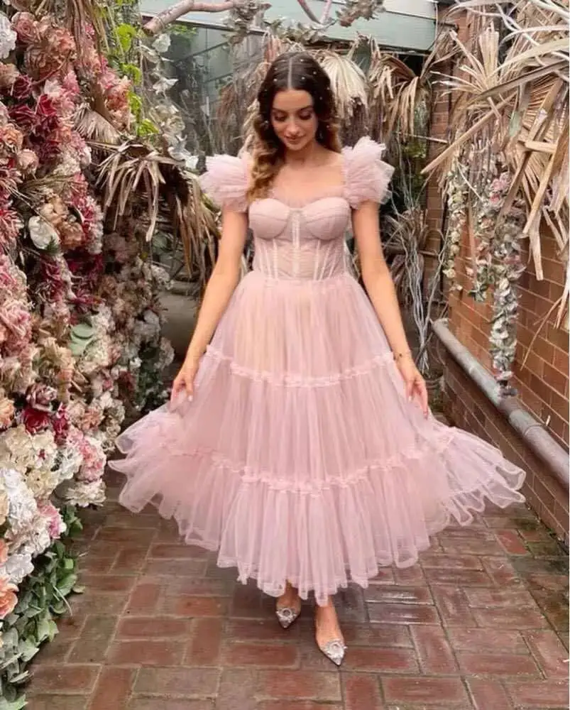 

Eightale Pink Prom Dress 2021 Sweetheart Ruffled Tea Length Cap Sleeves Evening Gown Girl Party Dress for Graduation