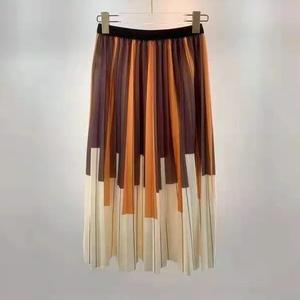 

High Quality Women's Skirt 2021 Autumn Winter Style Women Elastic Waist Striped Print Casual Long Maxi Skirt Blue Orange Color