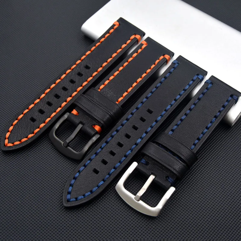 

2021 NEW Genuine Leather Watchbands Bracelet Black Blue Cowhide Watch Strap For Women Men 20mm 22mm 24mm Wrist Band Belt