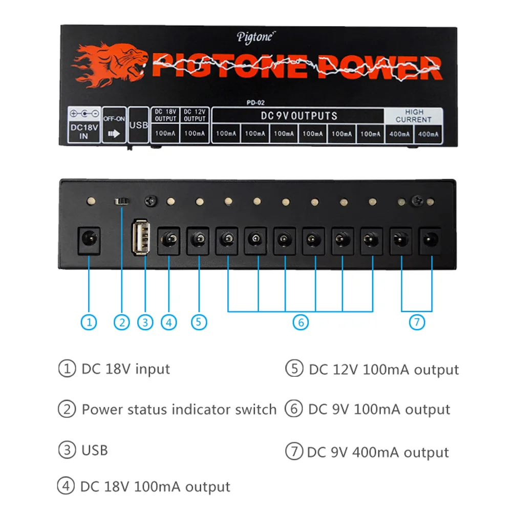 

Pigtone PD-02 Guitar Pedal Power Supply 10 Way Output Power Electric Guitar Effect Power With USB charge