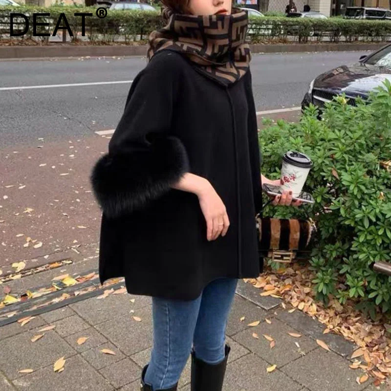 

DEAT 2020 new winter turtleneck full sleeves fur patchwork batwing styles pullover loose wide knitting sweater WO62301M