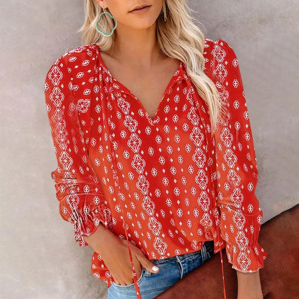 

Popular Office Lady Shirt Floral Print V Neck Elegant Long Sleeve Drawstring Chiffon Blouse Streetwear Spring Autumn