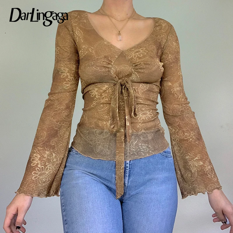 Женская футболка с цветочным принтом V-образным вырезом и бантом | одежда