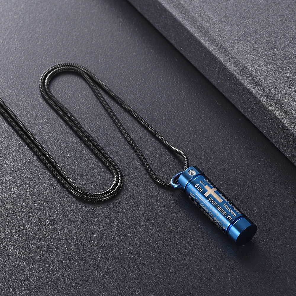 

IJD2207 Stainless Steel Cremation Jewelry Cylinder for Ashes Urn Black Pendant Bible Prayer Cross Memorial Keepsake Necklace