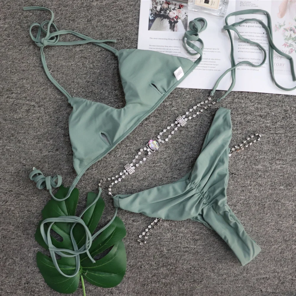 Неоново-оранжевый бикини 2020 женский купальник с высоким вырезом Стразы