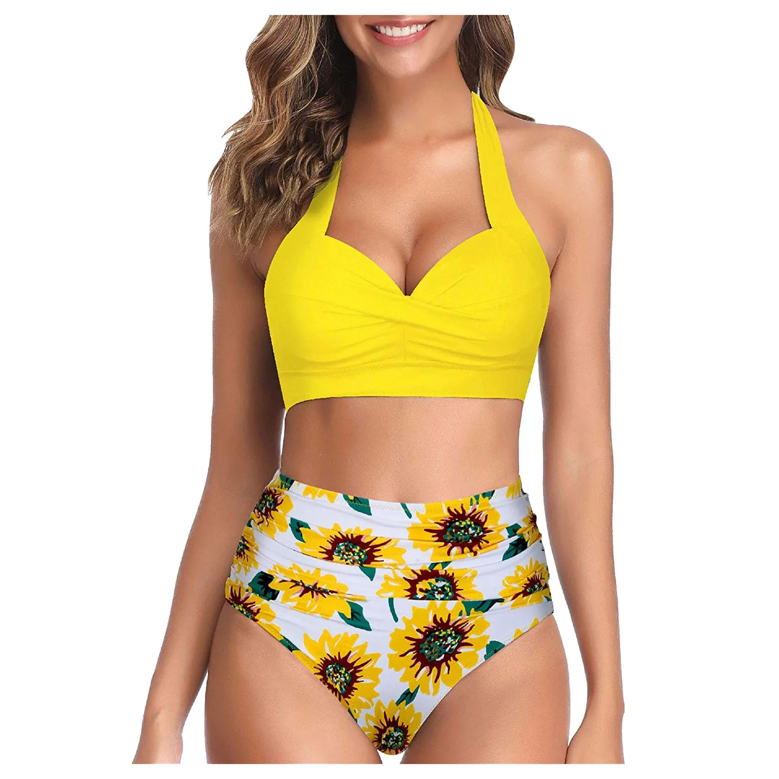 Бикини пуш-ап женское с завышенной талией и принтом |