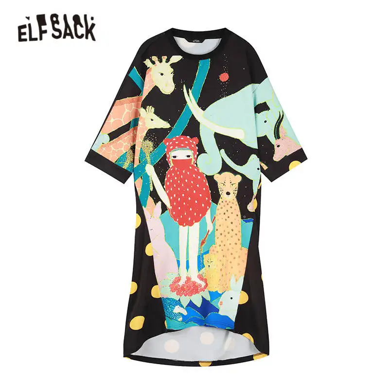 

ELFSACK X Duan Ge Xin Funny Graphic Print Casual Vintage Dresses Women,2021 Spring Stylish Oversize Korean Ladies Summer Dress