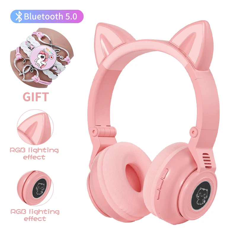 

Cute Cat Ear Wireless Headphones Bluetooth Bass Noise Cancellation Child Girl Earphones Support TF Card with Mic Helmet Gift set