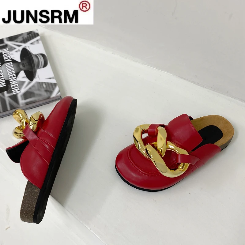 

New Brand Design Gold Chain Women Slipper Closed Toe Slip On Mules Shoes Round Toe Low Heels Casual Slides Flip Flop