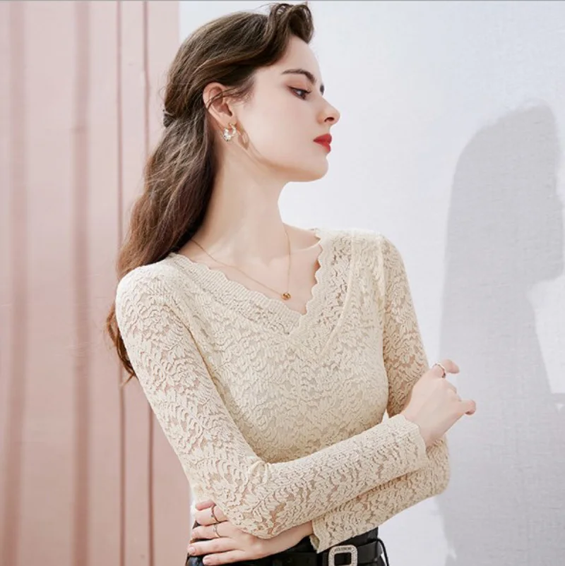 

Cultiseed Women Sexy V Neck Lace Skinny Slim Basic T-Shirts Tops Clothes Ladies New Fashion OL Elegant Office Work Party Tees