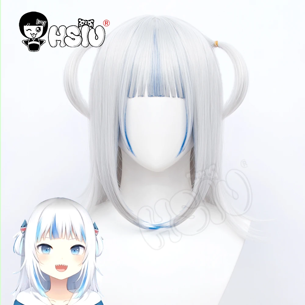 

「 HSIU Brand 」 Gawr Gura парик Hololive английский косплей милый Серебристый белый смешанный синий короткие волосы Волокно синтетический парик + беспла...