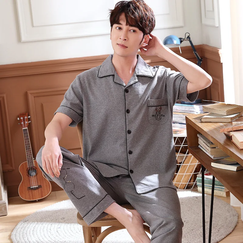 Pajamas Men's Summer Pure Cotton Short Sleeve Trousers Large Size Tracksuit Spring And Summer Autumn Thin Youth Fold-down