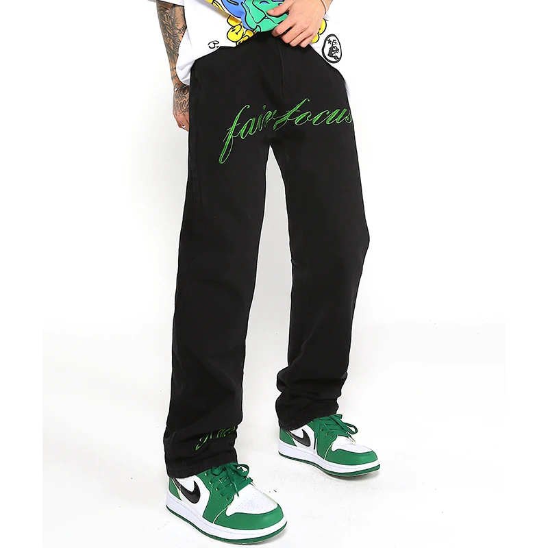 

High Street Color Letter Embroidery Straight Washed Mens Jeans Retro Oversized Ripped Casual Couple Denim Trousers