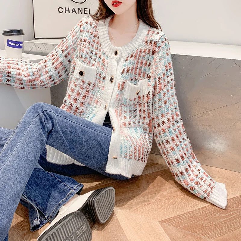 

Пальто женское на весну и осень, новинка 2021, модный универсальный короткий вязаный кардиган в полоску в иностранном стиле, Топ