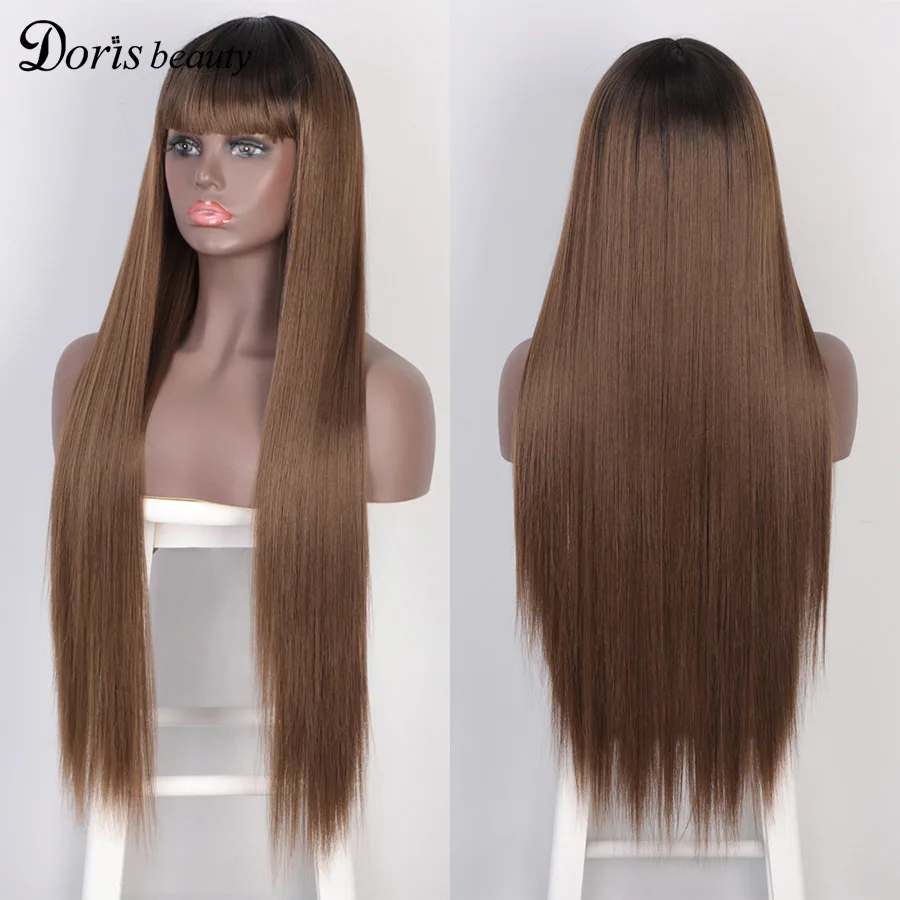 

Doris Beauty Long Straight Wine Red Wig With Bangs Synthetic Hair Wigs Bang With Wig For Women Wine Red Heat Resistant Wigs