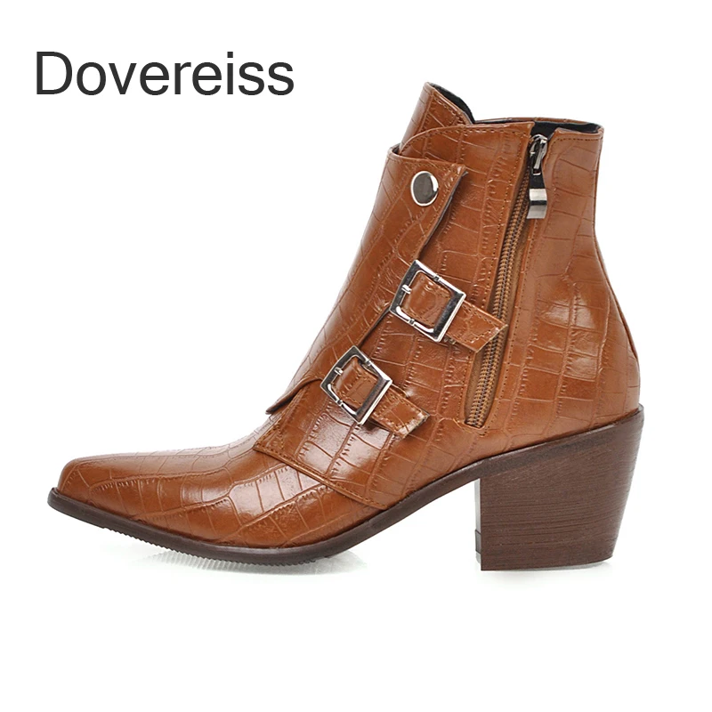 

Winter For Woman New Fashion Pointed Toe Shoes Brown Buckle Classics Zipper Concise Block Heels Short Boots 33-48