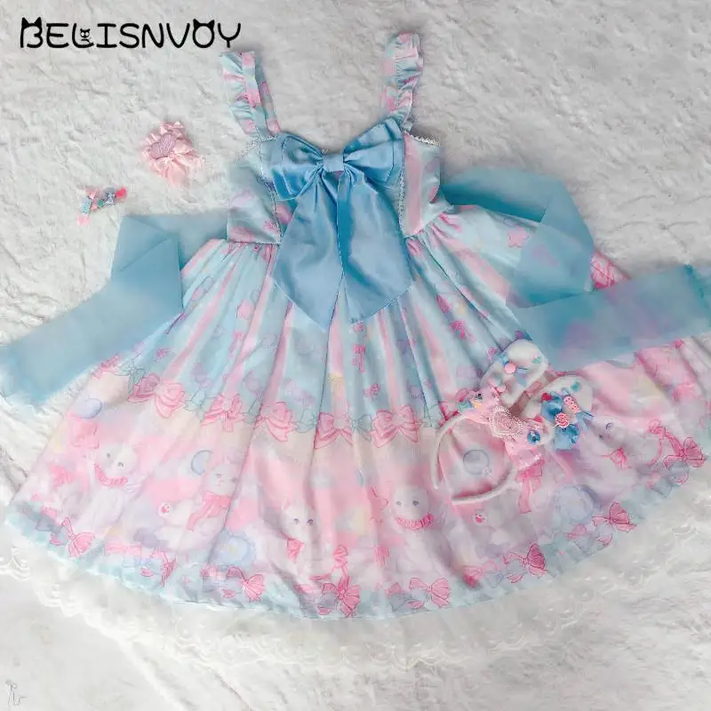 

Japanese Style Victorian Bowknot Sweet Lolita Jsk Dress Kawaii Sleeveless Lace Suspender Sling Dresses Fairy Cosplay Costume