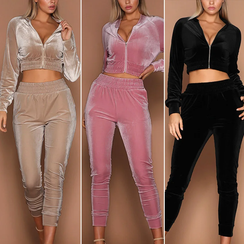 

Women Tracksuit Zipper Hoodies Sweatshirt Pants 2 Pieces Set Cropped Top Pullover and Trousers Suits