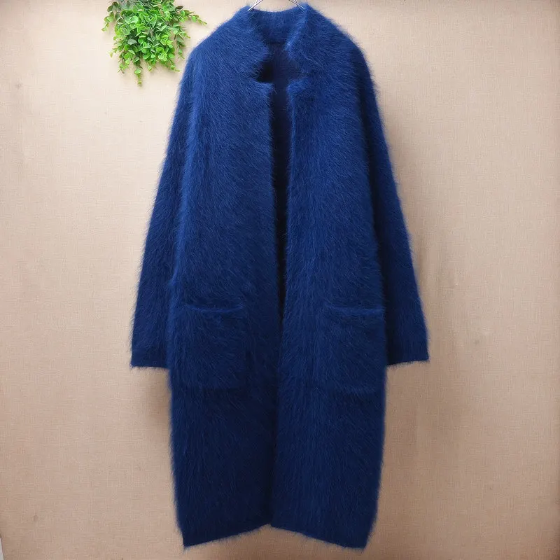 

heavy thick warm female woman long fuzzy mink cashmere blue suit collar long sleeved loose cardigans mantle winter angora coat