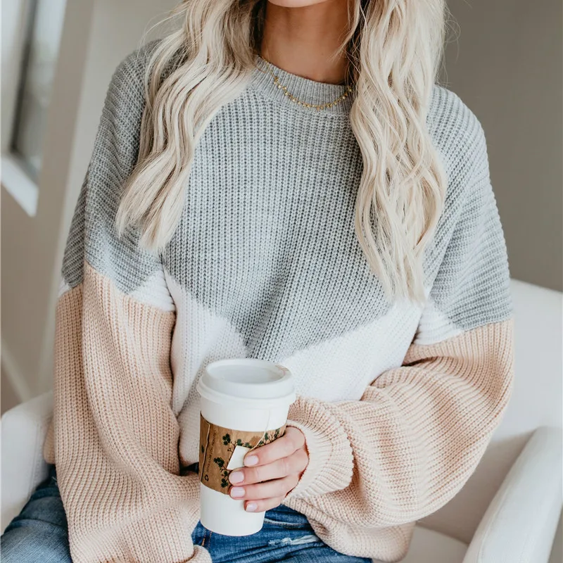 

Plus Size Loose Knitted Sweater Women Jumpers Long Sleeve Woman Pullovers Sweaters Casual Winter Color Block Striped Sweater