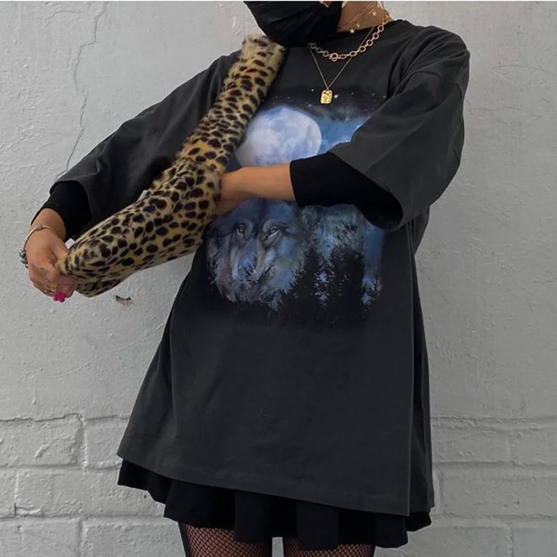 

Black Animal Pattern Print Vintage Woman Tshirts Shourt Sleeve Loose Harajuku Casual T Shirt Japanese Fashion Tops Plus Size 3XL