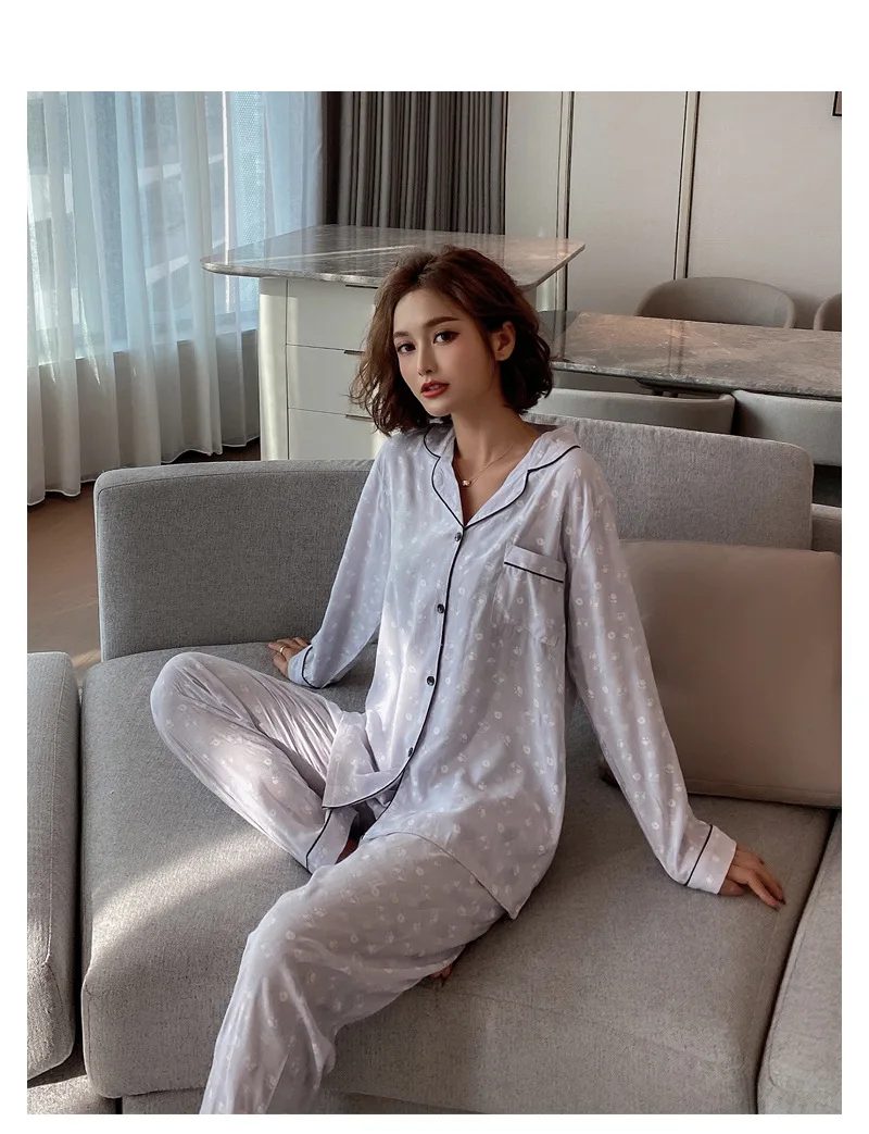 

Autumn Woven Jacquard Print Ladies Homewear Pure Cotton Lapel Long Sleeve Cardigan Pajama Set Pijama Femme Hiver Coton Pajamas