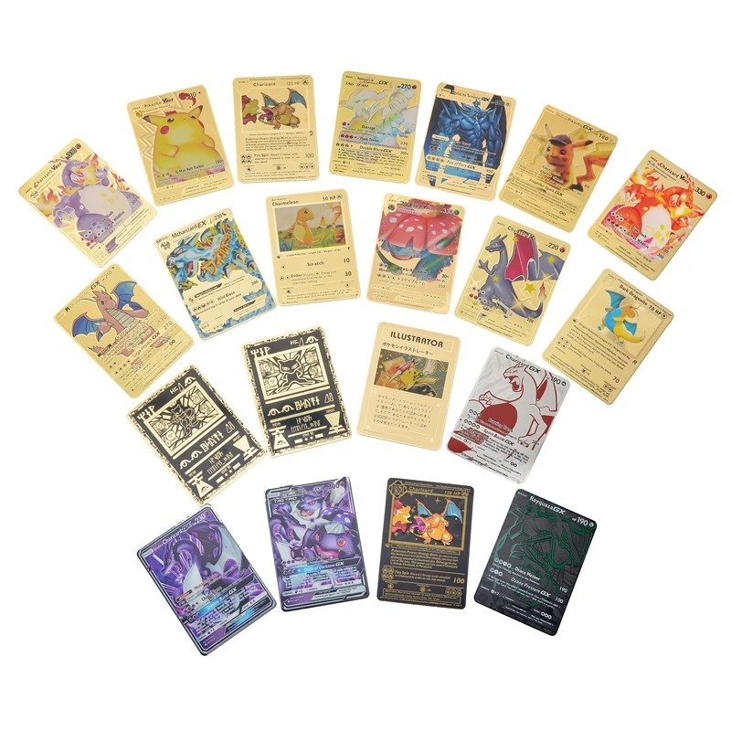 

Best-Selling Pokemon Toys Anime Games Gold Metal Cards Pikachu Card Collection Series Action Character Model Children's Gifts