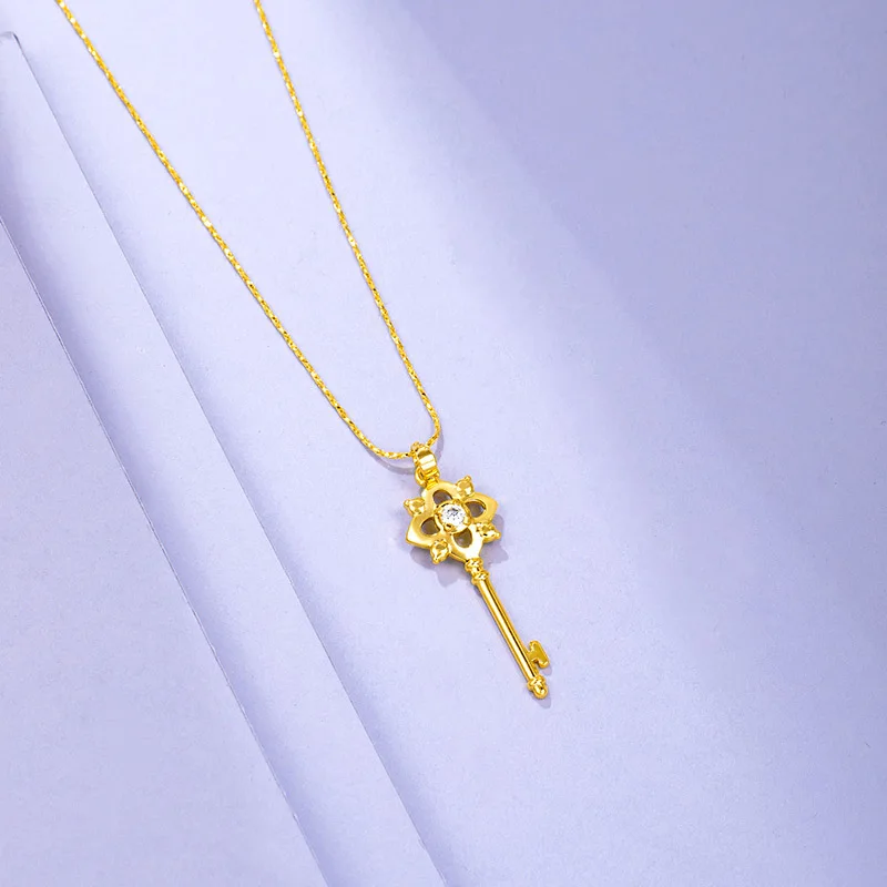 

24K Yellow Gold Color Women's Pendant Necklace Fashion Key Inlaid Zircon Clavicle Pendant Necklace Bridal Wedding Jewelry Gift