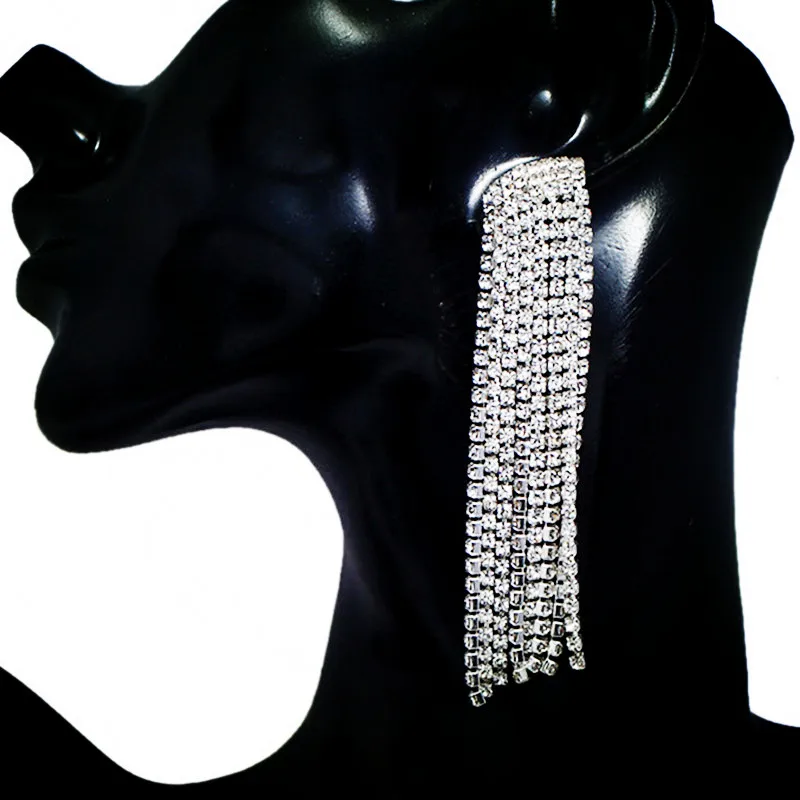 fashion big rhinestone tassel earrings for women long crystal statement fringe dangle Jewelry gift | Украшения и аксессуары