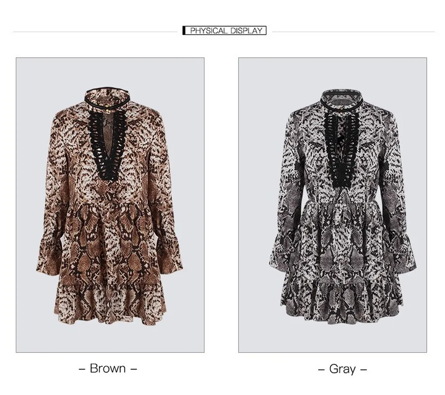 Boho печати леопардовое платье для женщин с оборками рукавом V образным вырезом