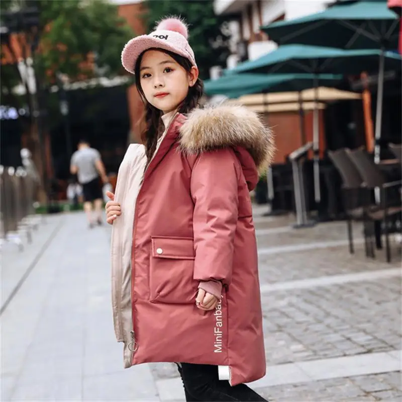 Pink Коллекция года, зимняя одежда для девочек Детские утепленные куртки на утином пуху Длинная Верхняя одежда с капюшоном, пальто Детская парка одежда с натуральным мехом - Цвет: Pink
