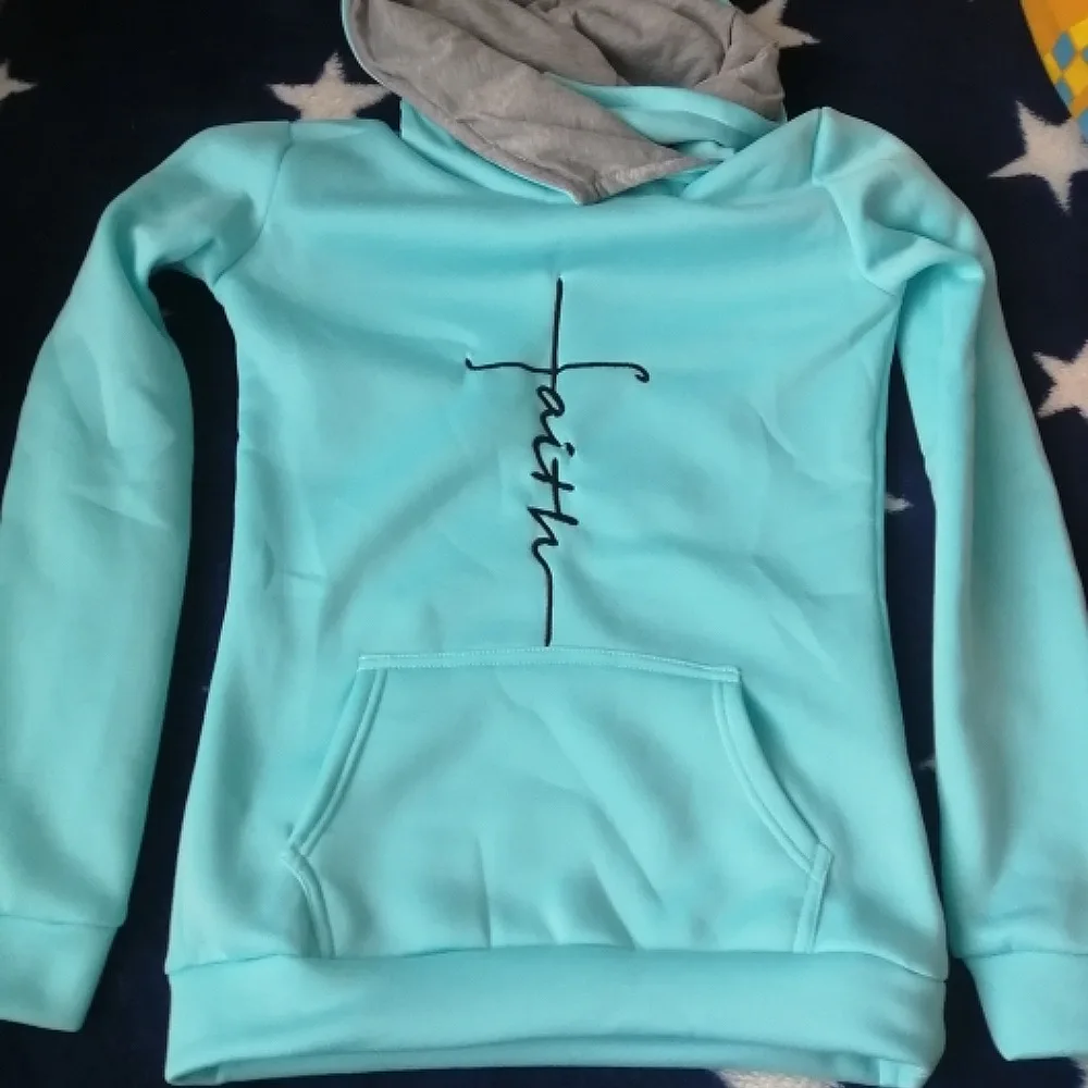 

Autumn Winter Tops Sweatshirts Women Faith Embroidered Sweatshirt Long Sleeve Pullovers Christmas Casual Warm Hooded Hoodies