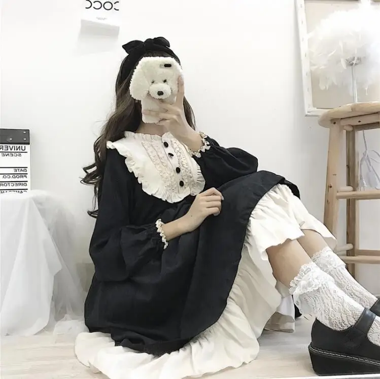 

COOLFEL Japanese Vintage Autumn Women Dresses O-Neck High Waist Patchwork Ruffles Lolita Dress Sweet Clothing