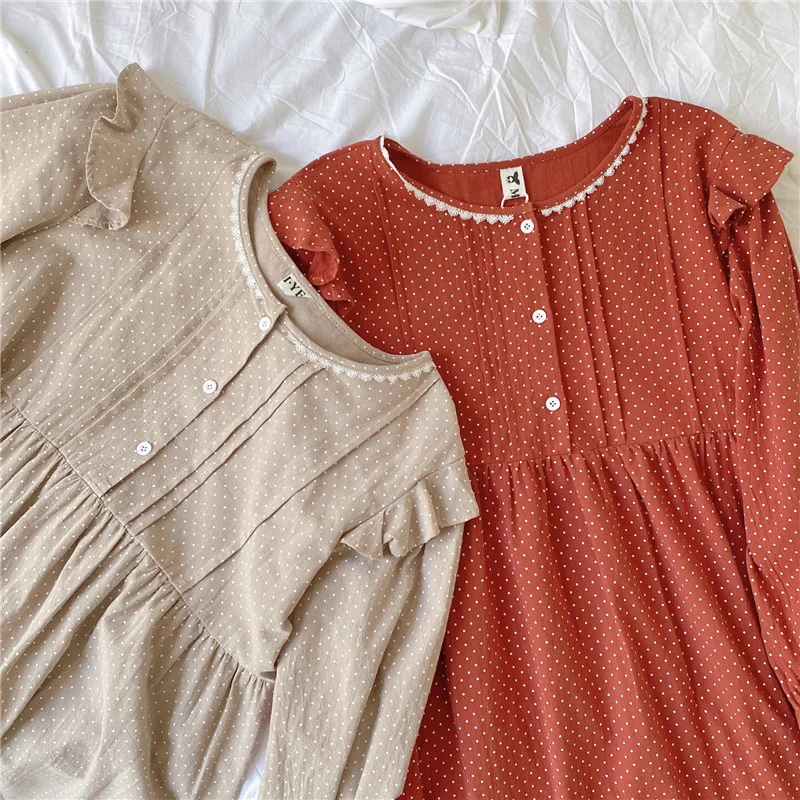 

100% cotton nightgowns women homewear dress ruffles long sleeve polka dot home clothes loose soft female nightdress korea Y219