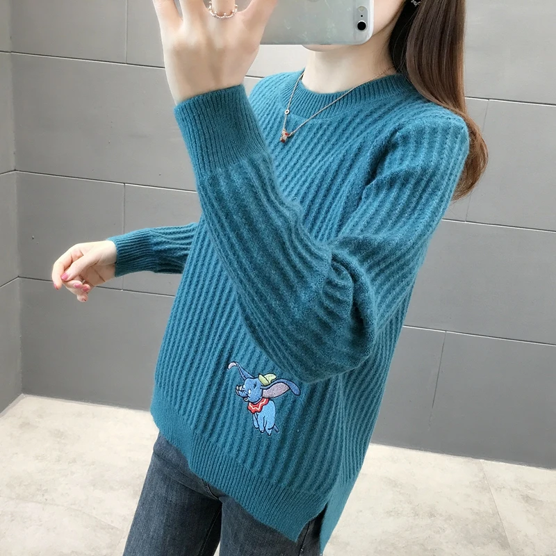 448444 реальное изображение Вышивка Маленький слон круглый вырез вязаный свитер [Zone