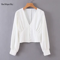 shemujersky women white shirt long sleeve v neck buttons blouse vintage short tops 2019 autumn blusas