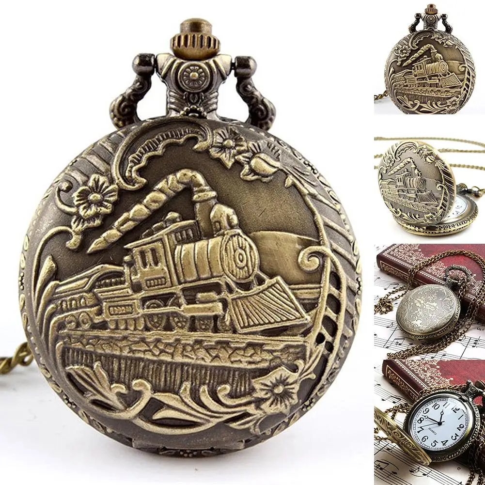 

Unisex Antique Case Vintage Brass Rib Chain Train Pattern Quartz Pocket Watch