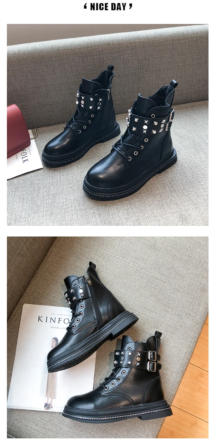 Women's Mid Calf Boots Rivets Shoes Low Heels booties Bootee Woman Booties Ladies Luxury Designer Round Toe Lace Up Rubber