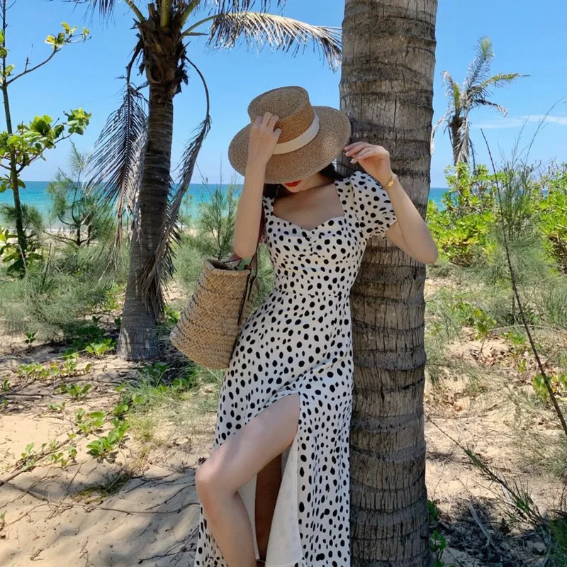 

Summer Fashion Print Dress Puff Sleeve French Romantic Elegant Dot Slit Maxi Dress Female Slim Sexy Beach Vacation Dress