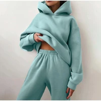 womens tracksuit casual solid long sleeve hooded sport suits autumn warm hoodie sweatshirts and long pant fleece two piece sets