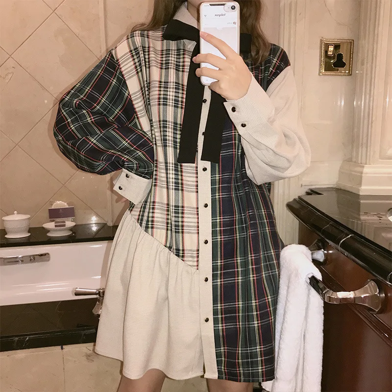 

Long Sleeve Plaid Printed Stitching Shirt Mini Dress 2020 Autumn New Fashion Women Sweet Casual Bow A-line Loose Dress Vestidos