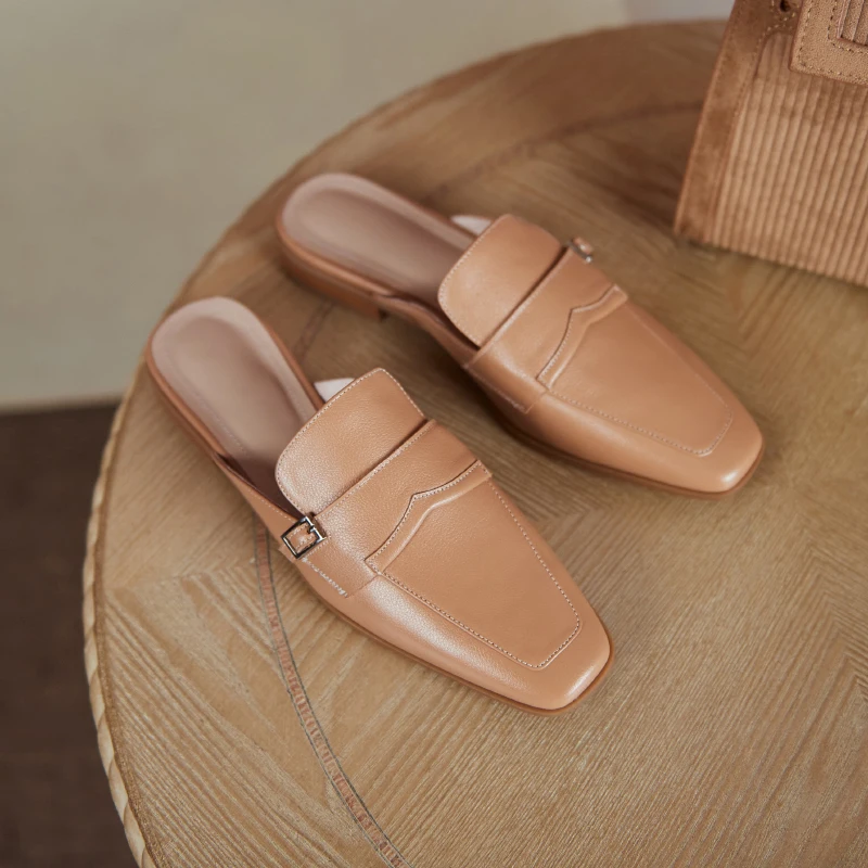

Square Toe Women Mules Concise Design Genuine Leather Sandals For Women Sandals 2021 Summer Working Office Shoes Wowman