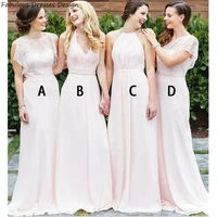 pink a line long bridesmaid dresses 2020 elegant applique lace chiffon wedding party dress vestido de fiesta de boda