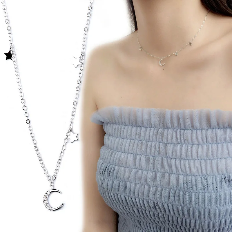 

Moon Hot Sale Cartoon Star Moon Necklace Female Simple Creative Micro Inlaid Zircon Clavicle Chain Jewelry Accessories