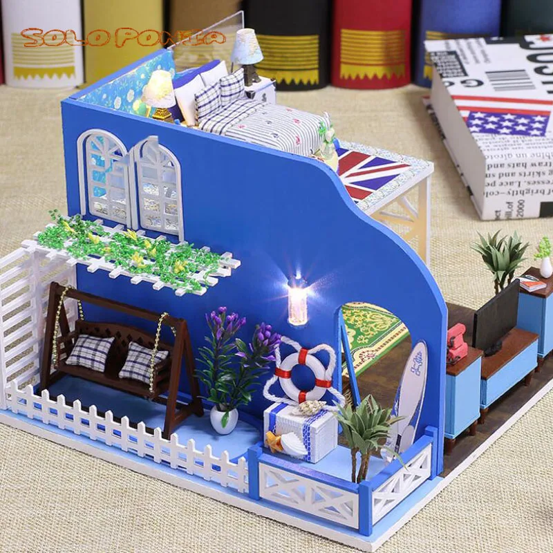 

DIY Wooden House Miniaturas with Furniture DIY Miniature House Dollhouse Toys for Children Christmas Birthday Gift Blue Beach