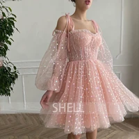 spaghetti straps sweetheart evening party gowns pleat tulle 34 sleeve knee length short 2021 pink princess prom dresses