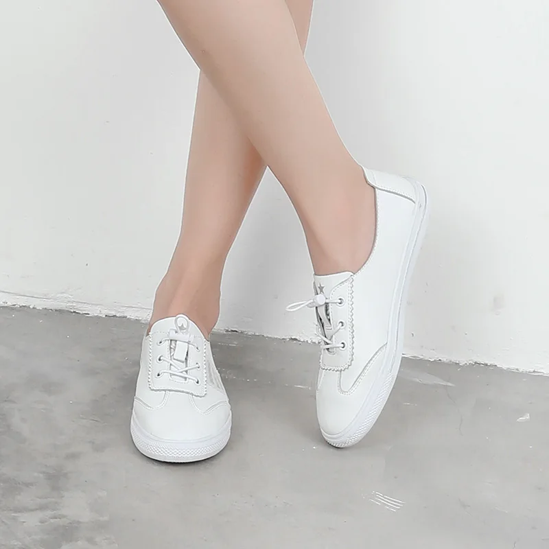 2019 New Fashion Women Casual Shoes Comfortable White Sneakers Lace-Up Split Leather Girls Flats | Обувь