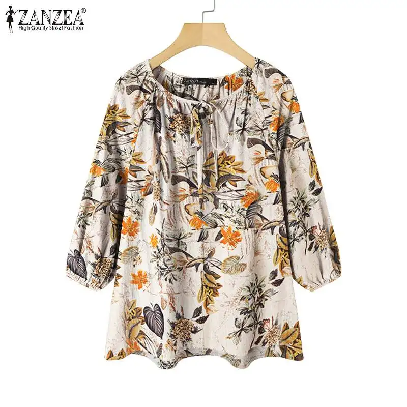 

Oversized ZANZEA Women Vintage Blouse Shirt 2022 Spring Summer Printed 3/4 Sleeve Top Blusa Casual Loose Bandage Blusa Femininas