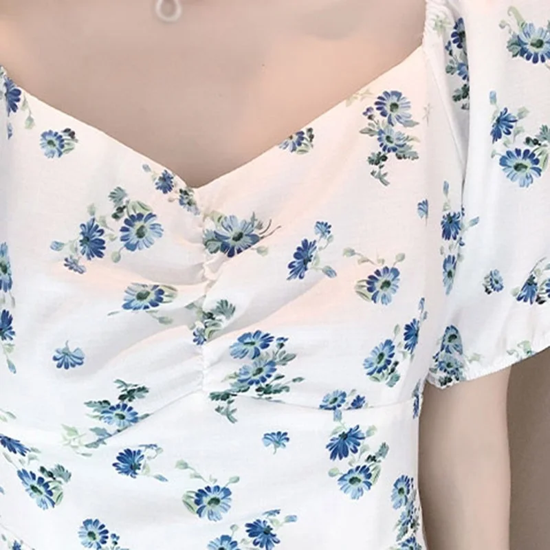 

Puff Sleeves Split-Shoulder Design Dress Floral Sweet Fresh Loose Summer Basic Female Vestidos